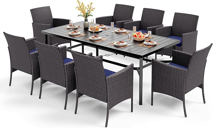 PHI VILLA 9 Pieces Outdoor Dining Set for 8, Large Rectangle Metal Dining Table with Umbrella Hole & Cushioned Wicker Chairs, Outdoor Furniture Set for Patio, Deck, Yard, Porch