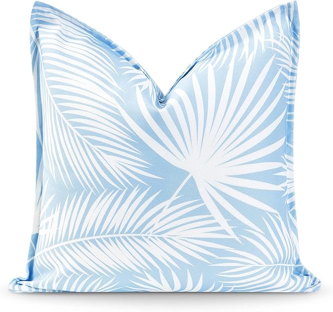 Hofdeco Premium Coastal Hampton Style Patio Indoor Outdoor Pillow Cover Only, 20"x20" Water Resistant for Backyard, Couch, Baby Blue Palm Leaf