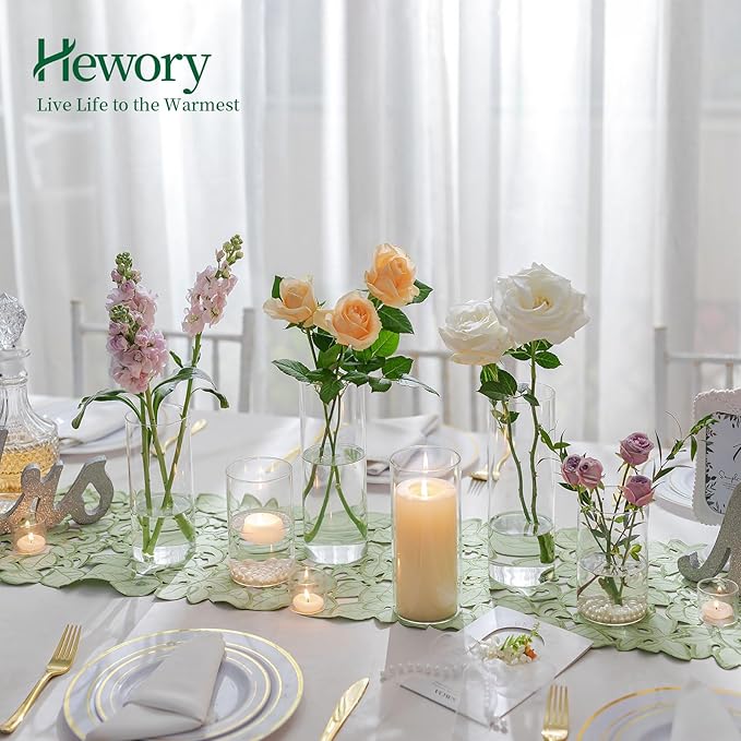 Glass Cylinder Vases Set of 6, Hewory Tall Clear Vase for Centerpieces, Glass Hurricane Candle Holders for Pillar or Floating Candles, Round Vases for Wedding Anniversary Events Table Decor, 3.3in