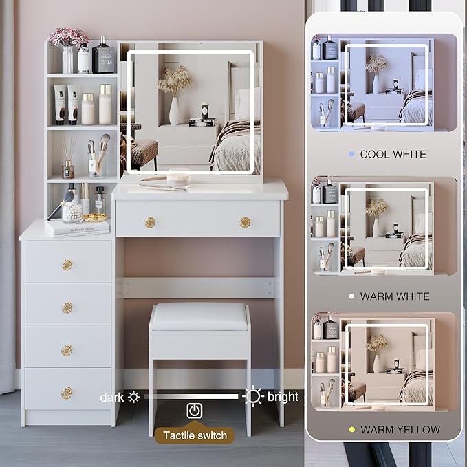 37" Vanity Desk with Mirror and Lights, Makeup Table with Led Lights and Sliding Mirror, 3 Lighting Colors, Vanity Set with Drawers and Stool for Bedroom, White