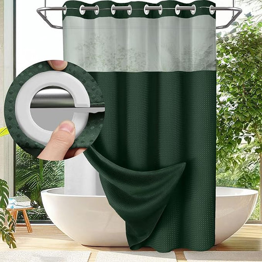YellyHommy No Hook Shower Curtain with Snap in Liner Set Less Time Dark Green Waffle Shower Curtain for Bathroom 75" L x 72" W
