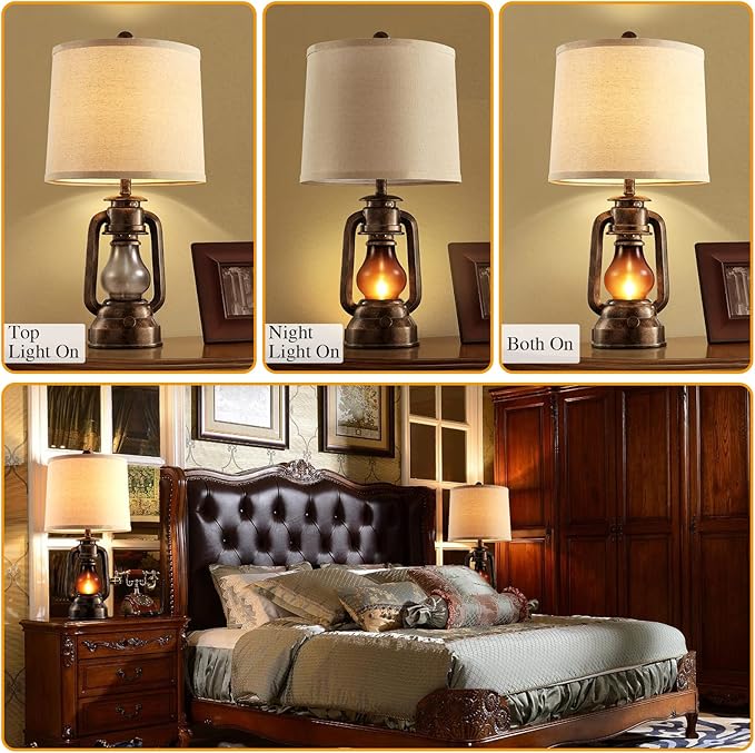 RORIANO Farmhouse Lantern Table Lamps for Living Room Set of 2, Vintage Bedroom Resin Lamp with Dual USB Charging Ports, Rustic Retro Bedside Nightstand Desk Lamp, 4 Bulb Included