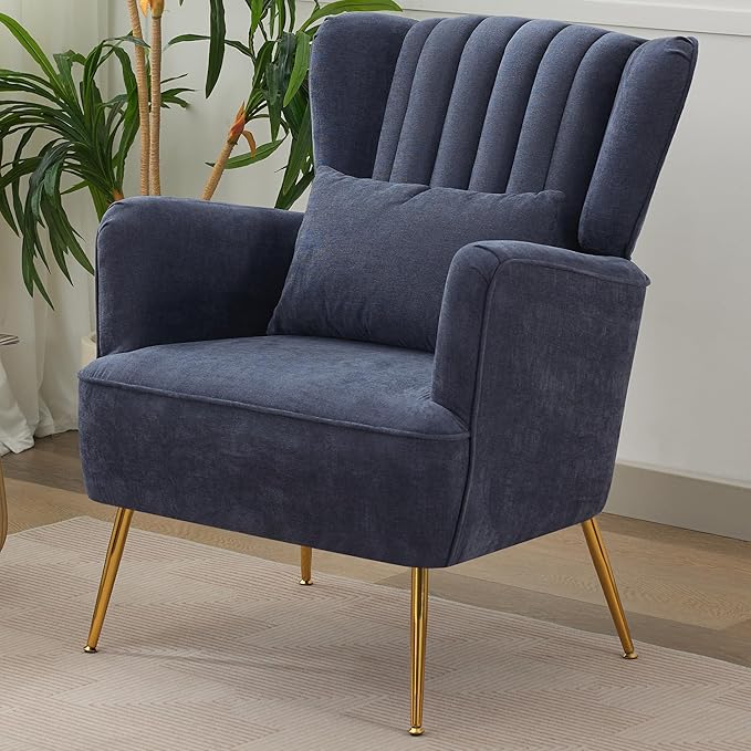 Fabric Accent Living Room Arm Chair with Pillow & Golden Legs, 8.5" Thick Cushion, Mid Century Modern Wingback Chairs Upholstered Comfy Sofa Armchair for Reading Room/Bedroom, Navy