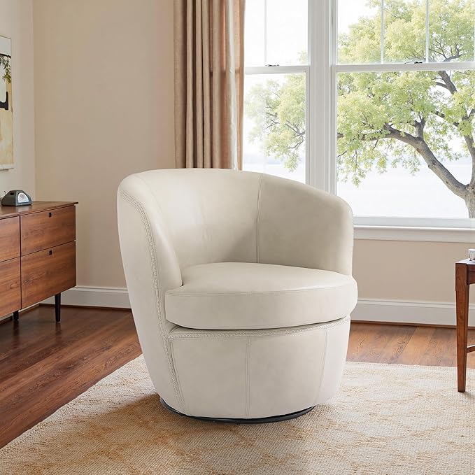Swivel Barrel Chair, Modern Round PU Leather Accent Armchair for Living Room, Bedroom, Comfy Club Reading Chairs for Adults (Leather Beige, Set of 2)