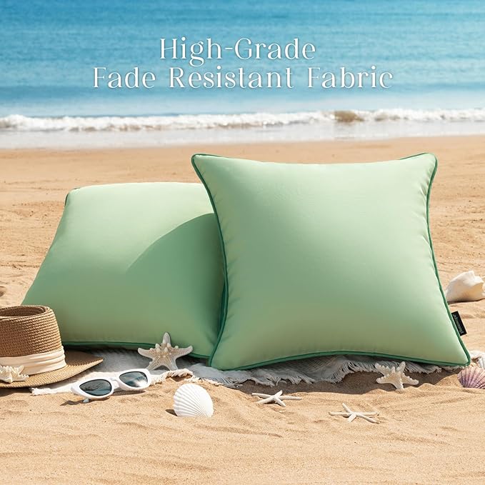 Phantoscope Pack of 2 Outdoor Waterproof Throw Pillow Covers with Contrast Piping, Decorative Square Cushion Case Patio Pillows for Couch Tent Sunbrella, Sage Green 18x18 inches