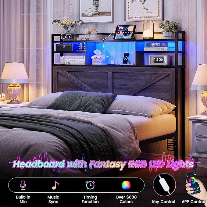 Headboard for Full Size Bed with Storage, Headboards with Power Outlets and RGB LED Light, Sturdy Full Size Headboard, Stable Head Board with Bed Adapter for Bedroom/Dorm/Guest Room
