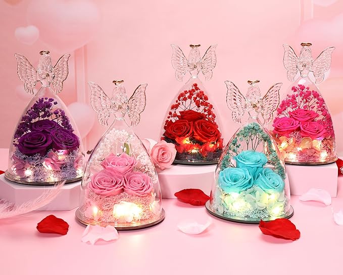 Ocosy Mothers Day Rose Gifts for her, Large Angel Rose Gifts for Women, Forever Real Roses in Angel Figurines, Angel Guardian with Roses Flower, Aqua Blue