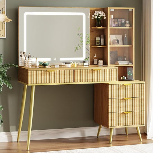 Vanity Desk with Mirror and Lights, Fluted Makeup Vanity with Glass top, 48" Big Modern Vanity with 5 Drawers & Glass Cabinet, Wood Vanity with 3 Lighting Modes for Bedroom, Natural
