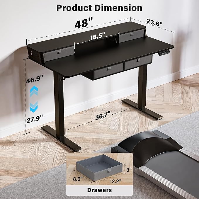 Electric Standing Desk with 4 Drawers 55''x 24'' Adjustable Height Sit to Stand Up Desk with Storage Shelf, C-Clamp Mount Compatible Black Home Office Desks Computer Gaming Table Ergonomic Workstation