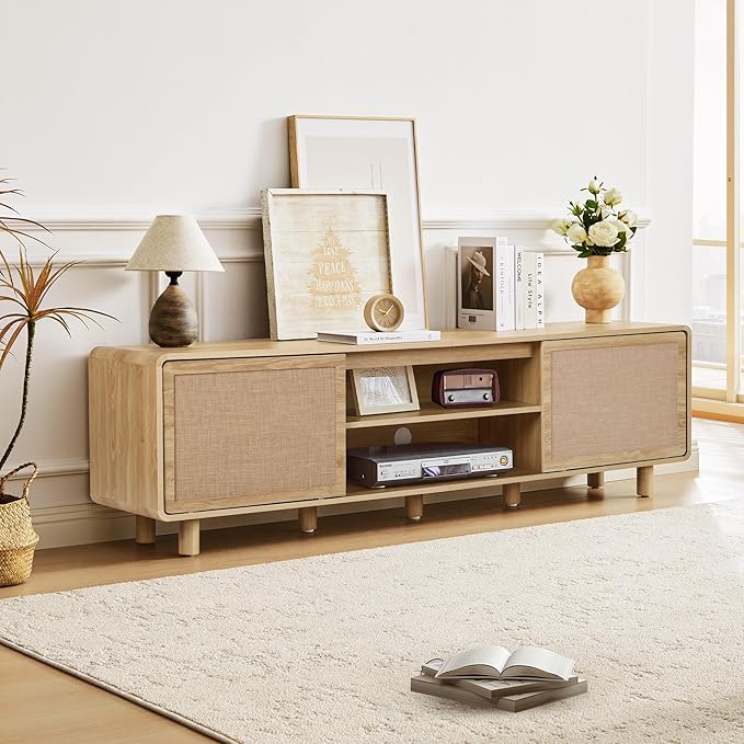 70" TV Stand with Slding Door for 55/60/65/80 Inch Television, Farmhouse Linen Decor TV Console with Storage, 2 Cable Holes & 6 Legs, Mid Century Wooden Entertainment Center for Living Room (Natural)