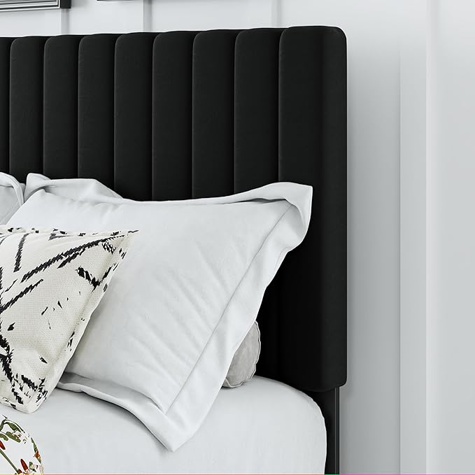 Full Size Bed Frame, Velvet Upholstered Platform Bed with Adjustable Tufted Headboard, Sturdy Frame and Slats, Noiseless, No Box Spring Required, Easy to Assemble, Black