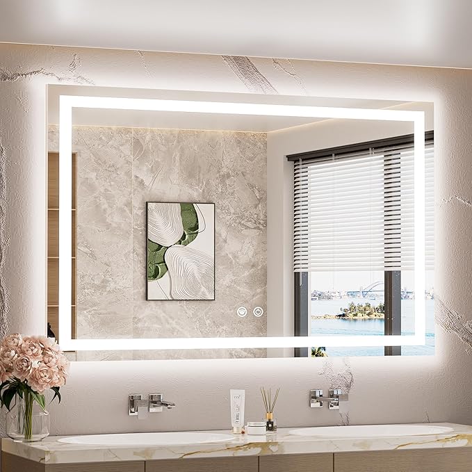 TETOTE LED Lighted Bathroom Mirror with Lights 48 x 30 Brighter Front and Backlit Light up Mirror for Bathroom Wall, Illuminated Vanity Anti Fog Mirror, 3-Color Stepless Dimmable, Tempered Glass