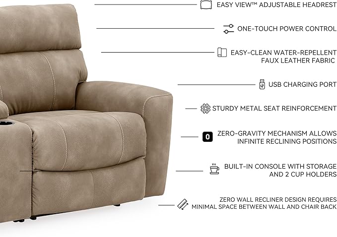 Signature Design by Ashley Next-Gen DuraPella Contemporary Faux Leather Modular Wall Hugger 3-Piece Power Reclining Sectional Loveseat with Console, Adjustable Headrest and USB Ports, Light Brown