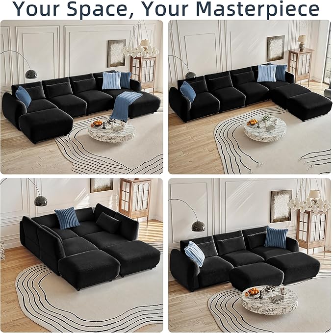 Sectional Sofa Couch, Modern Convertible U Shaped Sectional Couch with Ottoman, Modular Sectional Sofa Cloud Couches for Living Room (Black, 4 Set + 2 Ottoman)