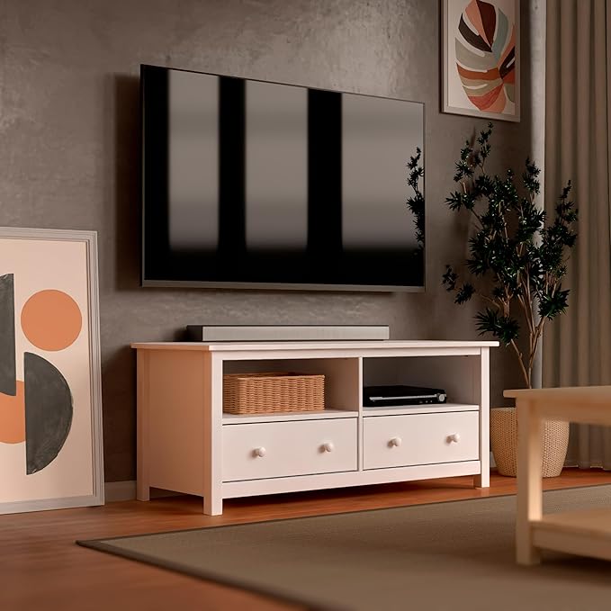 Handcrafted Solid Oak TV Stand Entertainment Center - Elegant White Media Console with Spacious Storage Drawers & Open Shelves - Sturdy Wood Cabinet Fits TVs up to 55 Inches