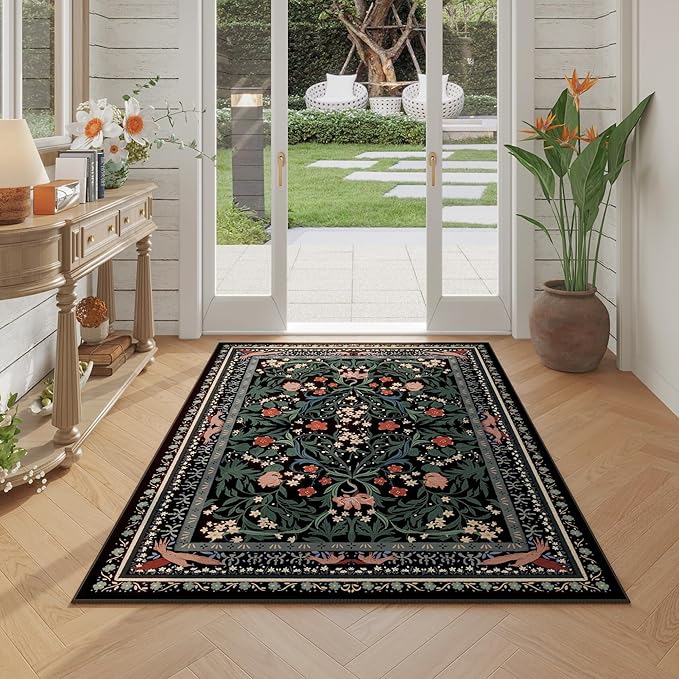 Area Rug 4x6 Rug Washable Vintage Floral Botanical Rugs Non Slip Low Pile Small Carpet for Bedroom, Bedside, Kids Room, Office, Dining Room, Black