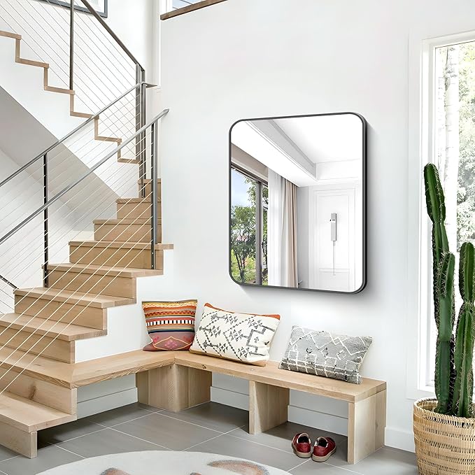 BONEWEI 30x36 inch Bathroom Mirror,Black Rectangle Mirror,Wall Mounted Bathroom Frame Vanity Mirror with Round Corner for Bedroom Living Room, Entryway Hangs Horizontal or Vertical