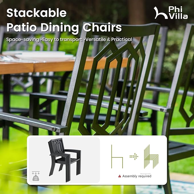 PHI VILLA 7 Pieces Outdoor Round Dining Set for 6, Wrought Iron Dining Circular Table with Umbrella Hole & Stackable Metal Steel Chairs, Large Dining Furniture Set for Patio, Deck, Yard, Porch