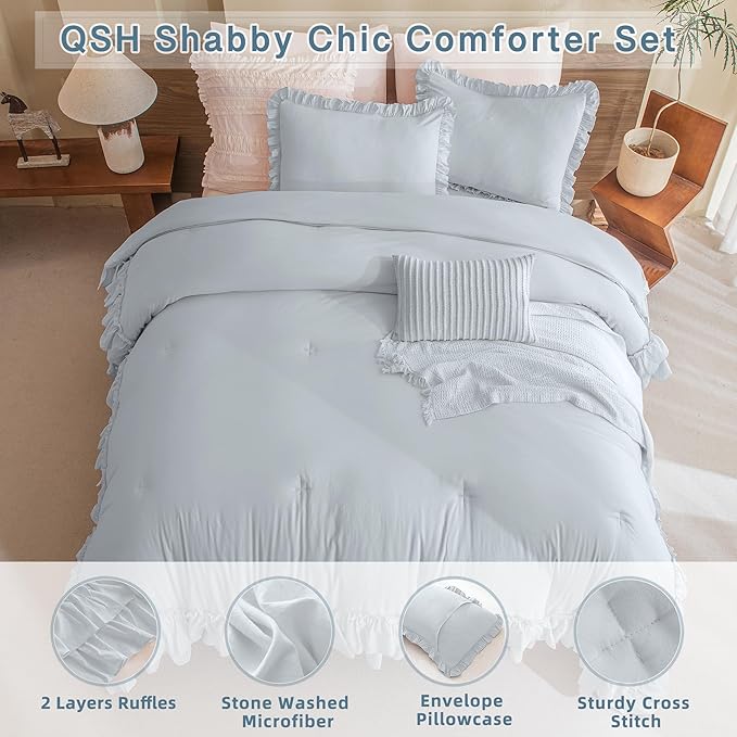 Queen's House Light Blue Ruffled Comforter Set Queen Size, Lightweight Microfiber Inner Fill Fluffy Country Rustic Coquette Bedding