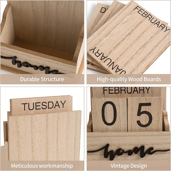 Block Calendar for Desk, Wood Month Date Display Blocks for Teachers, Students, Classroom, Rustic Farmhouse Office Decor, Desk Accessories (4.5 x 6 In)