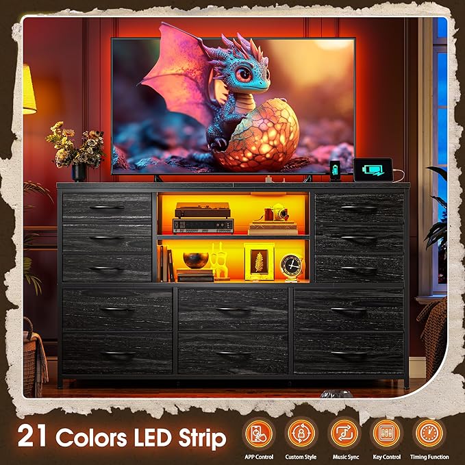 Black TV Stand with 12 Fabric Drawers for 55 inch TV, Entertainment Center with Charging Station & LED Lights, TV Media Console Table with 2 Open Storage Shelves for Living Room, Dorms, Wood Top