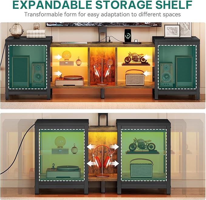 YITAHOME TV Stand with Mount for Living Room, TV Stand for 70inch TV with Power Outlet & LED Lights, LED Entertainment Center, Gaming TV Console Cabinet, Rustic Brown & Black