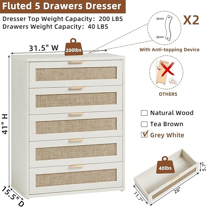 LEYAOYAO White Dresser for Bedroom, 41" Tall Chest of Drawers, Modern 5 Drawers Boho Rattan Dressers with Storage, Dresser Wooden Closet Organizer for Living Room, Hallway