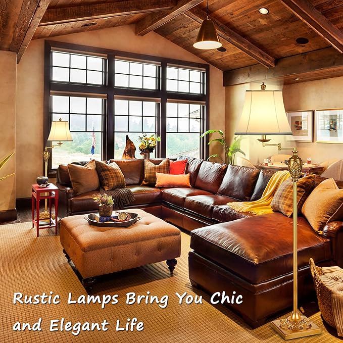 Traditional LED Floor Lamp with 350° Adjustable – Vintage Pole lamp Swing arm for Living Room, Bedroom and Office – Rustic Upright Floor Light for Home Décor with Faux Silk Fabric Shade