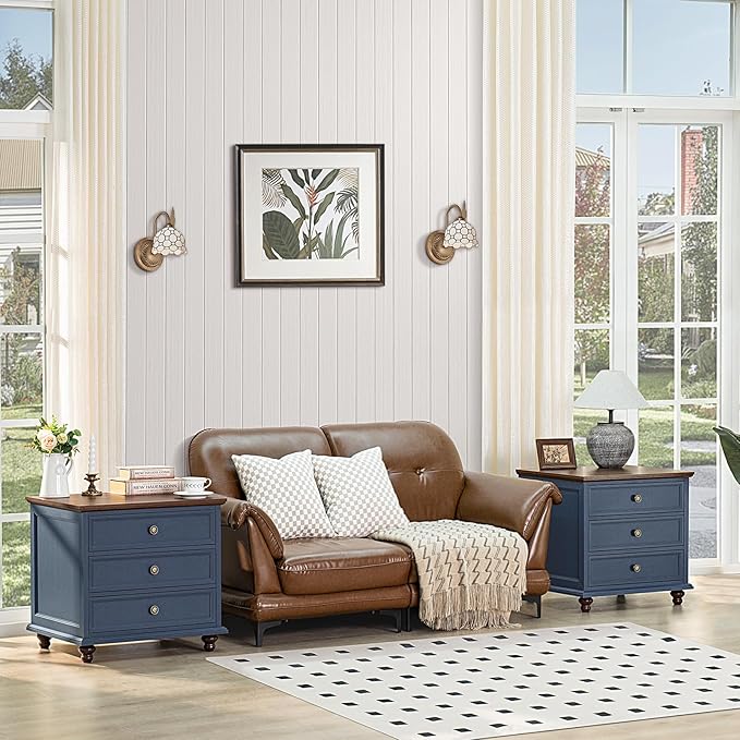 24" Wide Farmhouse Night Stand,Large End Table with 3 Drawers & Metal Handle,Navy Blue Dresser for Bedroom, Wood Bed Side Table Chest of Drawers, Nightstand Cabinet for Living Room,Closet