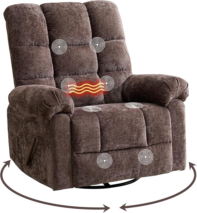 Oversized Swivel Rocker Recliner with Massage and Heat, 26" Extra Wide Manual Recliner for Adults & Big Man, Overstuffed Rocking Chair with High Back for Living Room, Coffee Chenille