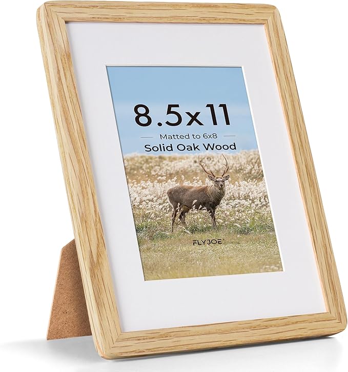 8.5 by 11 Picture Frame - Solid Oak Wood 8.5x11 Fram, 8 1/2 x 11 Diploma Frame With Mat For 6x8, Tabletop and Wall Display, Hanging Hardware Included, Certificate Document Frame, Natural Oak