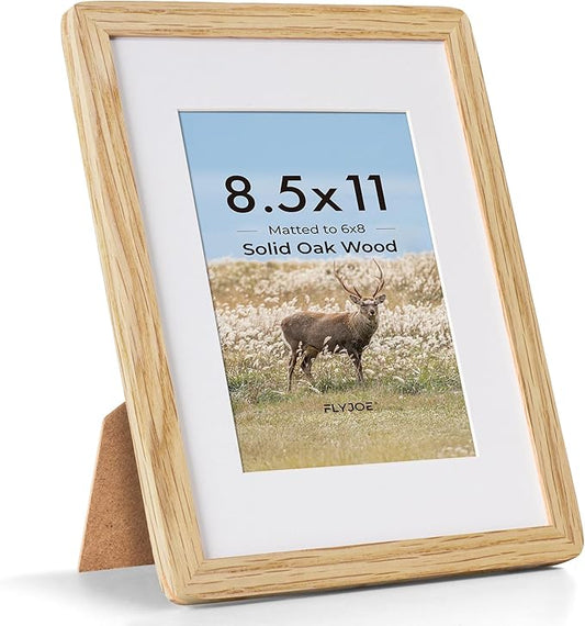 8.5 by 11 Picture Frame - Solid Oak Wood 8.5x11 Fram, 8 1/2 x 11 Diploma Frame With Mat For 6x8, Tabletop and Wall Display, Hanging Hardware Included, Certificate Document Frame, Natural Oak
