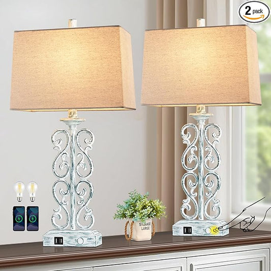 25" Coastal Set of 2 Touch Resin Table Lamps for Living Room with 3-Way Dimmable Dual USB Ports, Rustic Farmhouse Lamps for Bedside Bedroom, Nightstand Home Decor, 2 Bulbs Included