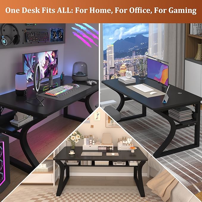 AZN Computer Desk, 55'' Computer Desk, Home Office Desks w/Storage, Home Office Desks w/U-Size Metal Frame for Home Office Bedroom, Study Writing Work Table w/Water-Resistant, Scratchproof Surface