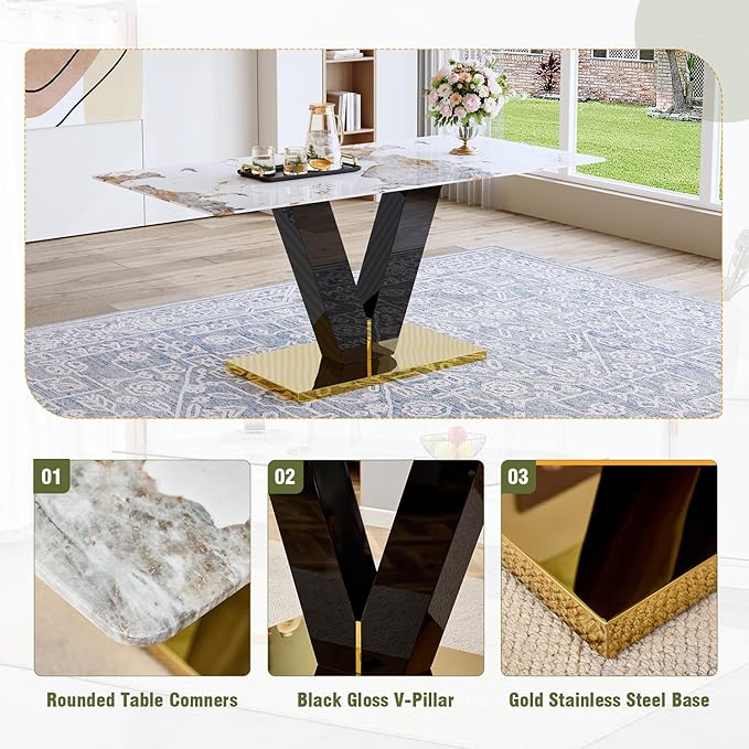71'' Dining Table Set for 8,Rectangular Dining Room Table Set for 8,Marble Dining Table with 8 PU Leather Dining Chairs,Gold Dining Room Table with Glossy V-Shaped Base Ideal for Kitchen