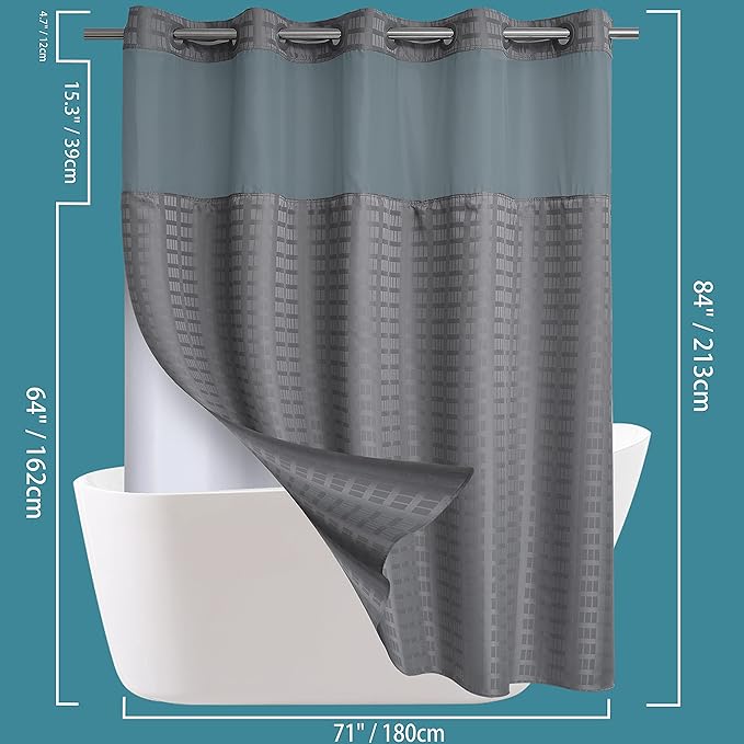 Extra Long No Hook Shower Curtain with Snap in Liner Set, Hotel Luxury Grey Shower Curtains for Bathroom with See Through Top Window, Waterproof, Washable 71W x 84H