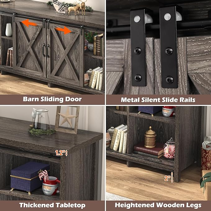 Farmhouse TV Stand for 90 Inch TV with Sliding Barn Door, Rustic Wood Entertainment Center Large Media Console Cabinet Long Television Stands,Console Table and Media Furniture for Living Room(Grey)