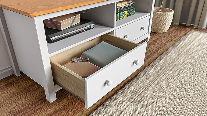 Handcrafted Solid Oak TV Stand Entertainment Center - Elegant White/Pine Media Console with Spacious Storage Drawers & Open Shelves - Sturdy Wood Cabinet Fits TVs up to 55 Inches