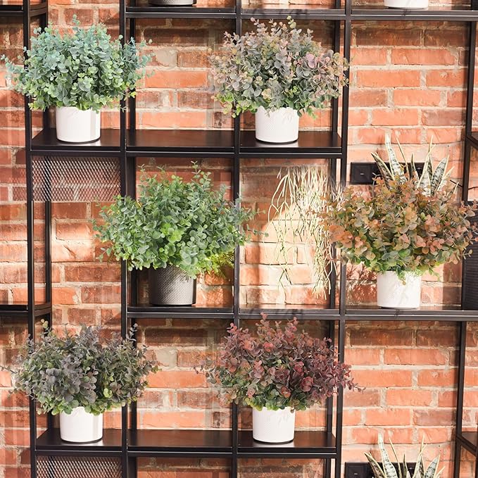 RECUTMS 8 Bundles Artificial Greenery Plants Stems Outdoor Fake Eucalyptus Plants Boxwood Bushes for Farmhouse Bathroom Office Vase Centerpiece Indoor Outdoor Decoration(Dusty Pink)