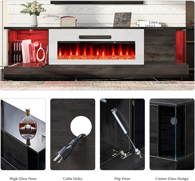 AMERLIFE 70" Glossy Oak Fireplace TV Stand with 36" Fireplace for TVs up to 80", LED Lights Entertainment Center with Flip Doors & Corner Glass, Modern TV Console Table, Living Room, Black&White