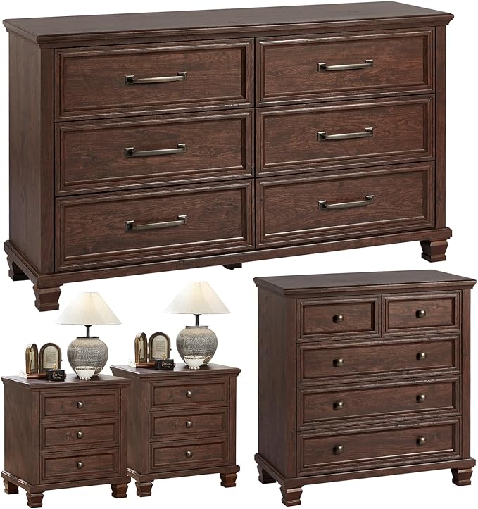 Farmhouse Walnut Bedroom Sets of 4, Includes 6 Drawer Large Dresser, Vintage Night Stand with 3 Drawers, Small 5 Chest of Drawers, Wood Rustic Dresser & Nightstand Set for Home, Living Room