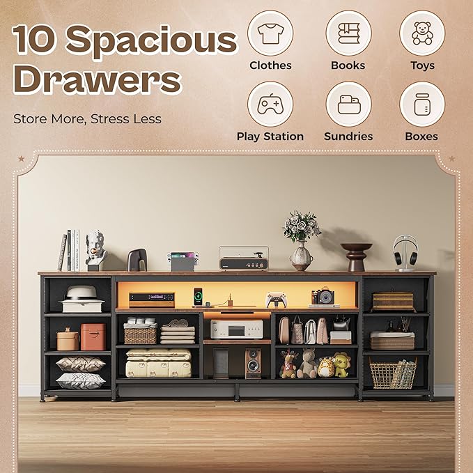 Huuger 70.9 Inch LED TV Stand Dresser with Power Outlets, USB-C Port and LED Lights, 10 Fabric Drawer Dresser for Bedroom, Long Entertainment Center for 75, 80 Inch TV, Open Shelves, Rustic Brown