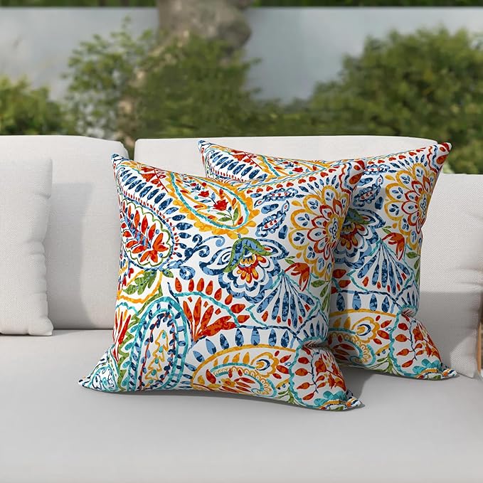 Patio Throw Pillows with Inners, Fade Resistant Square Pillow Pack of 2, Decorative Garden Cushions for Home, 18x18 Inch,Paisley Multi
