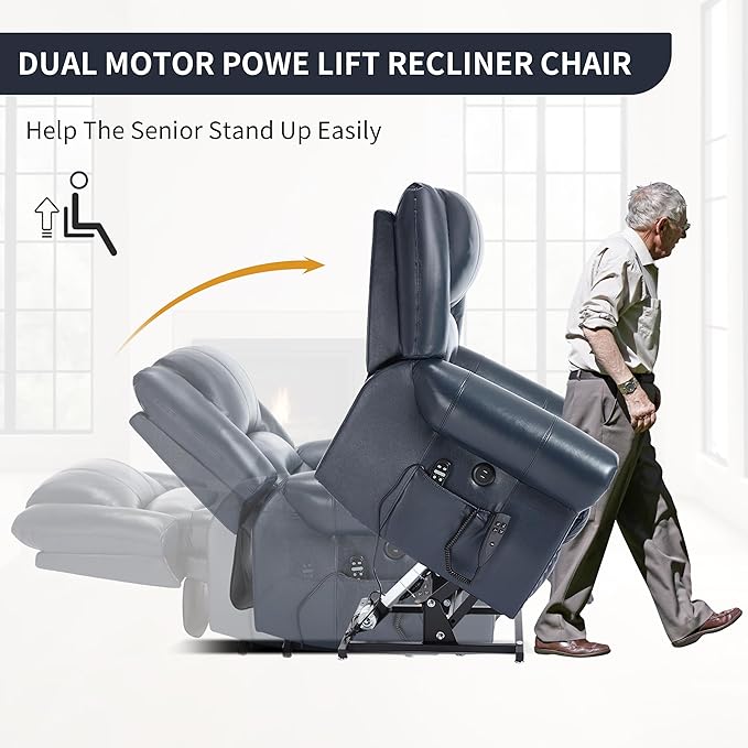 Dual Motor Power Lift Chair, Lay Flat Recliner Chair, Electric Recliner with Massage and Heat for Elderly, Remote Control, Infinite Position, Standing Assistance, USB Ports (Blue, Genuine Leather)