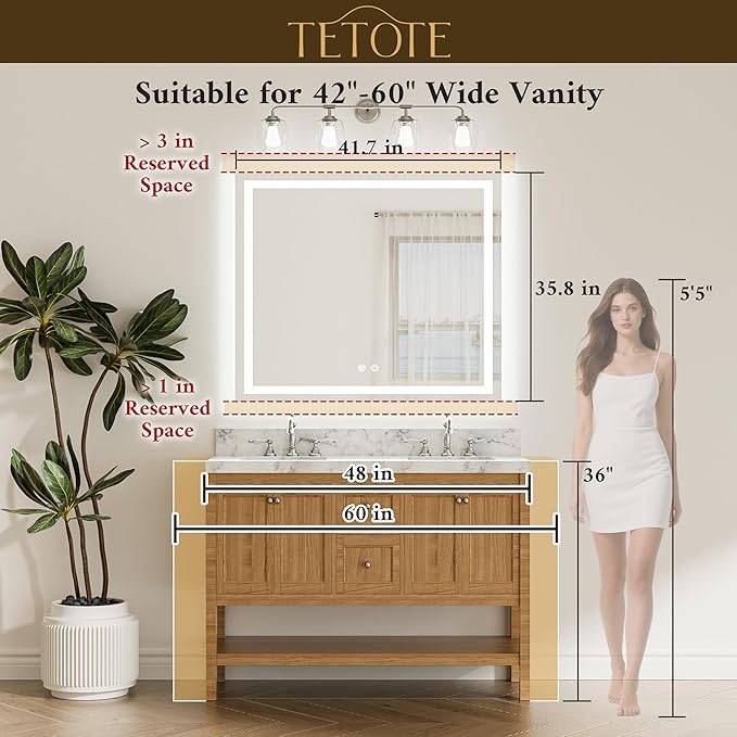 TETOTE LED Lighted Bathroom Mirror with Lights 42 x 36 Brighter Front and Backlit Light up Mirror for Bathroom Wall, Illuminated Vanity Anti Fog Mirror, 3-Color Stepless Dimmable, Tempered Glass