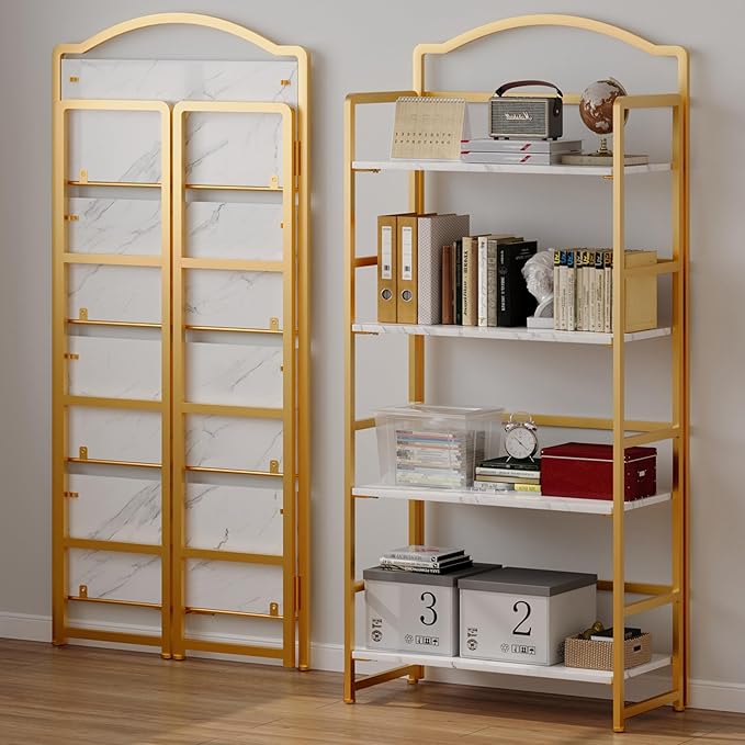 JSB No Assembly Folding Bookshelf, 4 Tier Book Shelf for Storage, Vintage Wood Foldable Bookcase for Living Room, Bedroom, Office Organization Shelves