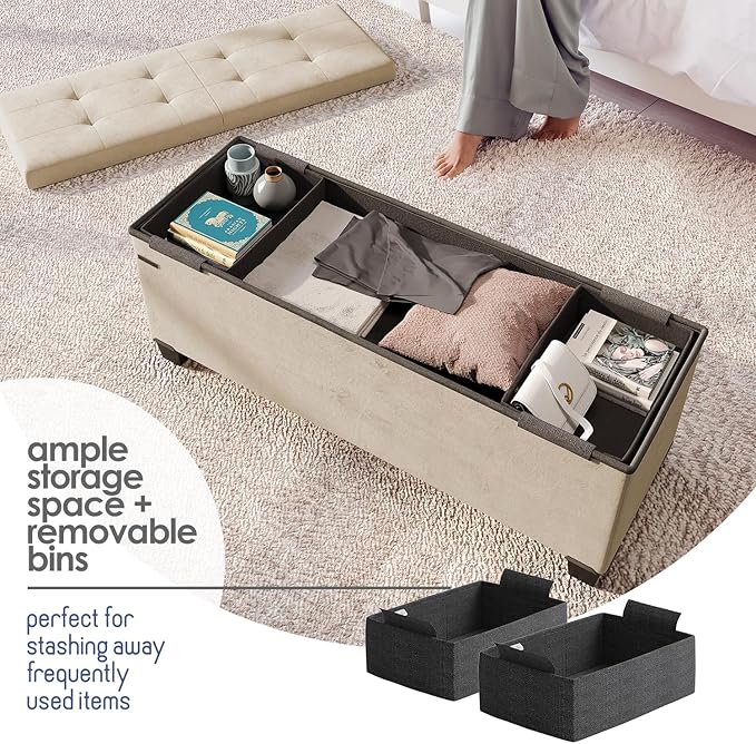 STORAGEBUD Storage Ottoman Bench with Bins, 43-in Storage Bench for Bedroom End of Bed, Folding Foot Rest Ottoman for Living Room Max 660lbs, Velvet Ottomans, Beige