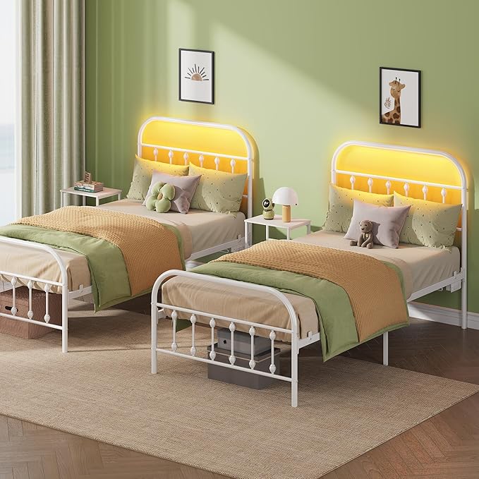 WLIVE Twin Bed Frames with Storage, Twin Bed Frame with LED Lights and Charging Station, Metal Platform Bed Frame with Headboard, White
