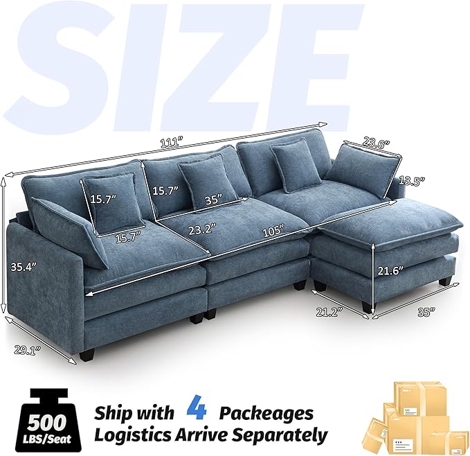 111'' Sectional Cloud Deep Seat Couch, Modern Comfy Chenille L Shaped Sectional Sofa for Living Room Set, Upholstered Modular 4-Seats Sofa Couch with Movable Ottoman, Blue