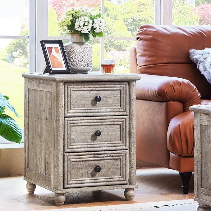 18" Farmhouse Night Stand Set of 2, Gray Wood Nightstand with 3 Drawers, Bedside End Table with Storage and Roman Column, Bed Side Tables Cabinet for Bedroom, Living Room, and Closet